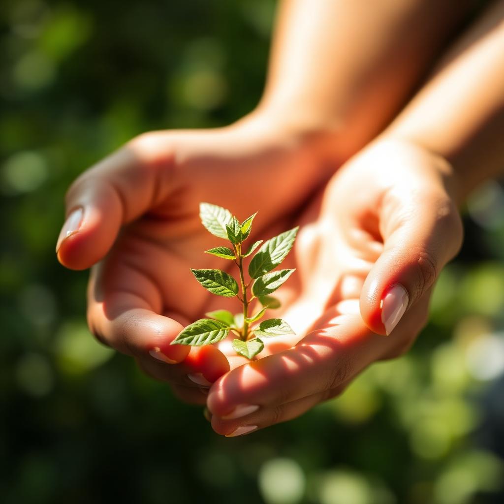 Hands holding a small green plant